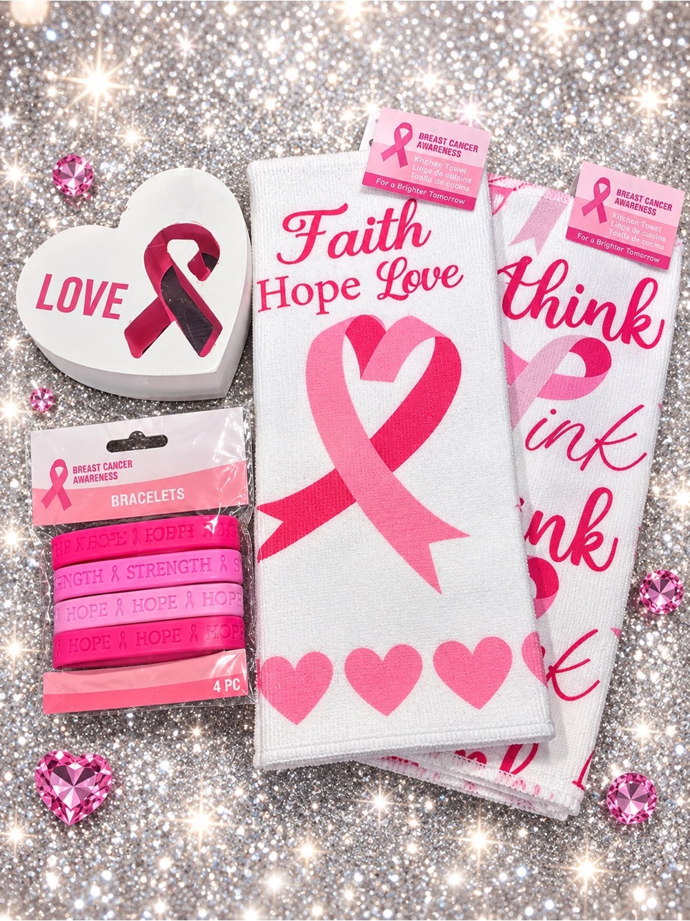 Breast Cancer Awareness Kitchen Towel Set, Wooden Deco & Bracelet Set